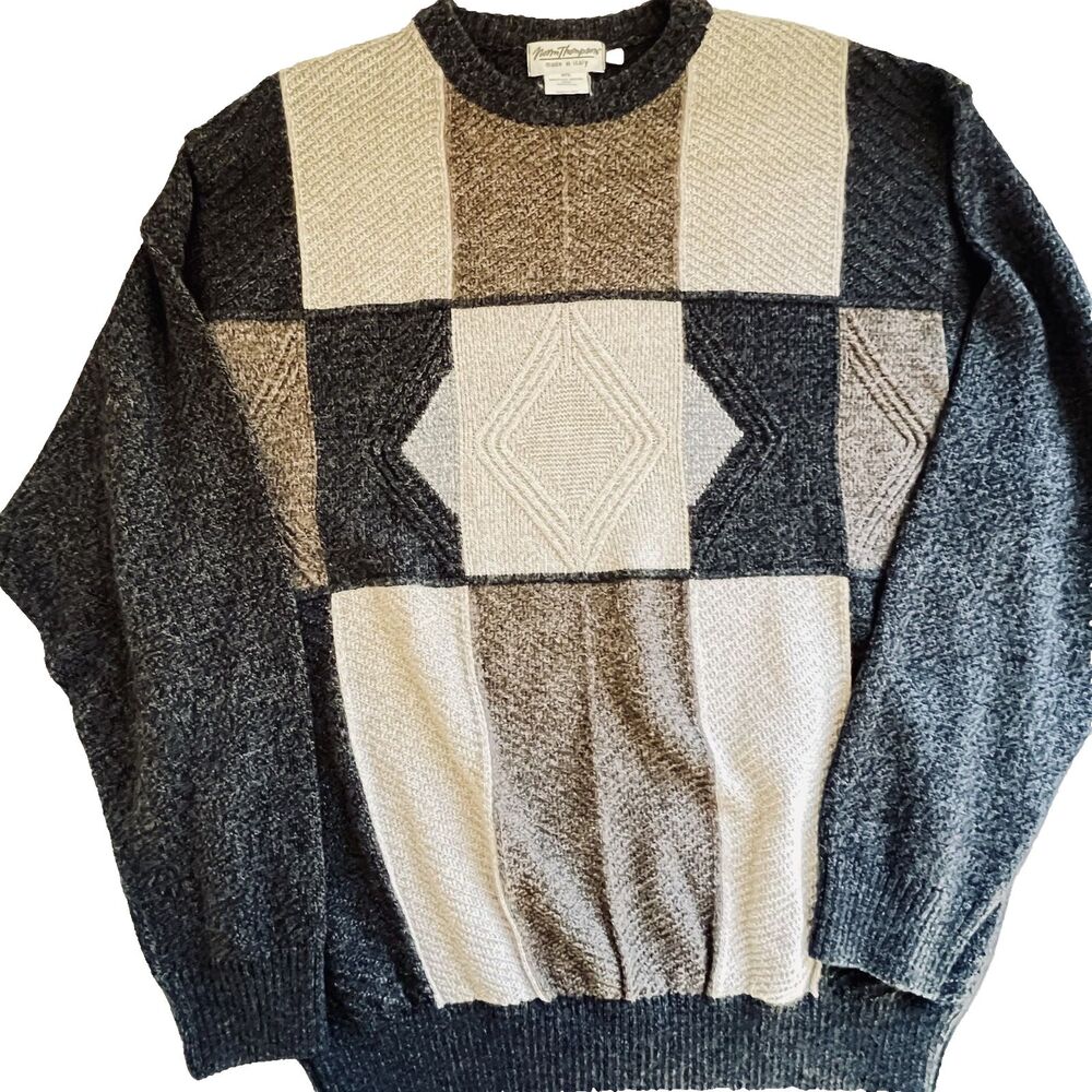Vintage Norm Thompson Sweater XL Patchwork Merino Wool Blend Made in Italy